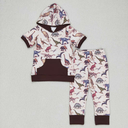 BSPO0152 Brown Dinosaur pocket Boys Short Sleeve Hoodies Outfits