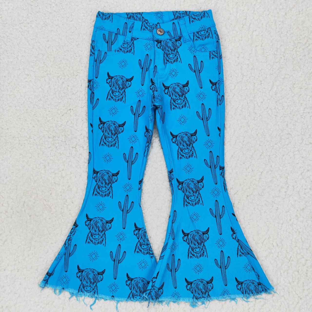 P0281 Blue Highland Cow Western Solid Color Hot Sale Baby Girls Denim Jeans