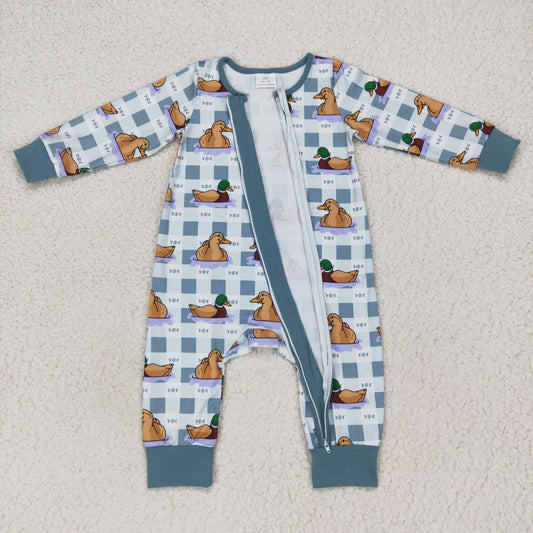 LR0657 Blue Duck Bird Zipper Boys Long Sleeve Romper