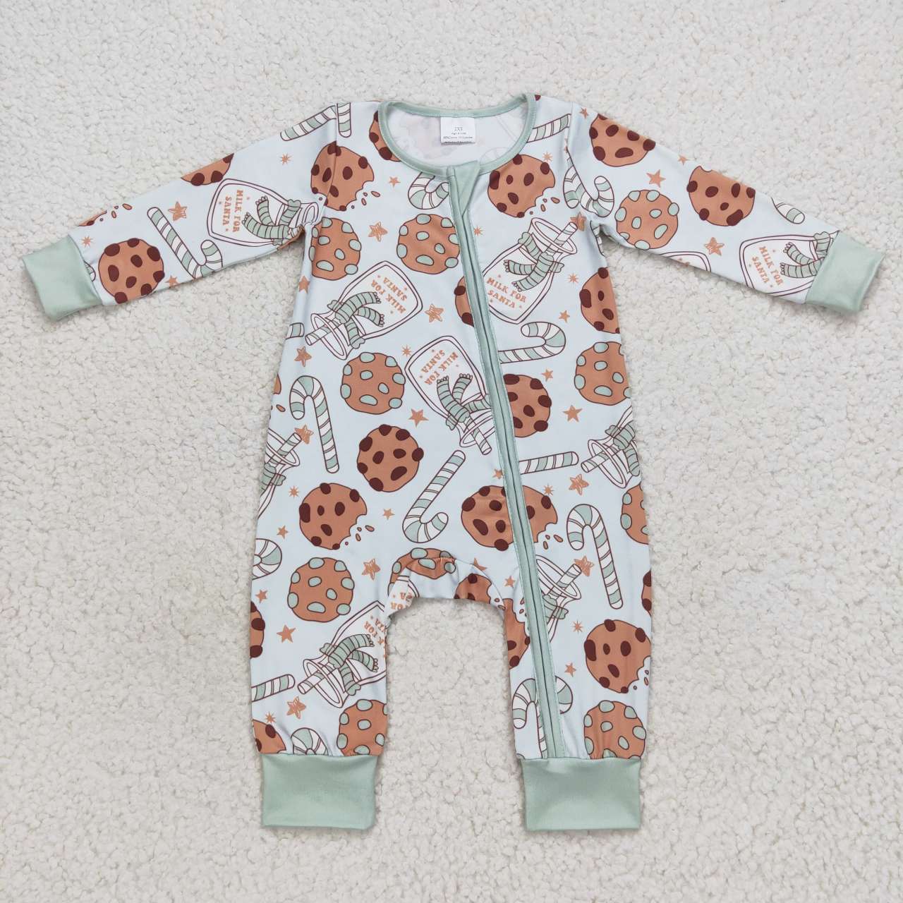 LR0631 Christmas Green Cookies Milk Girls Long Sleeve Romper