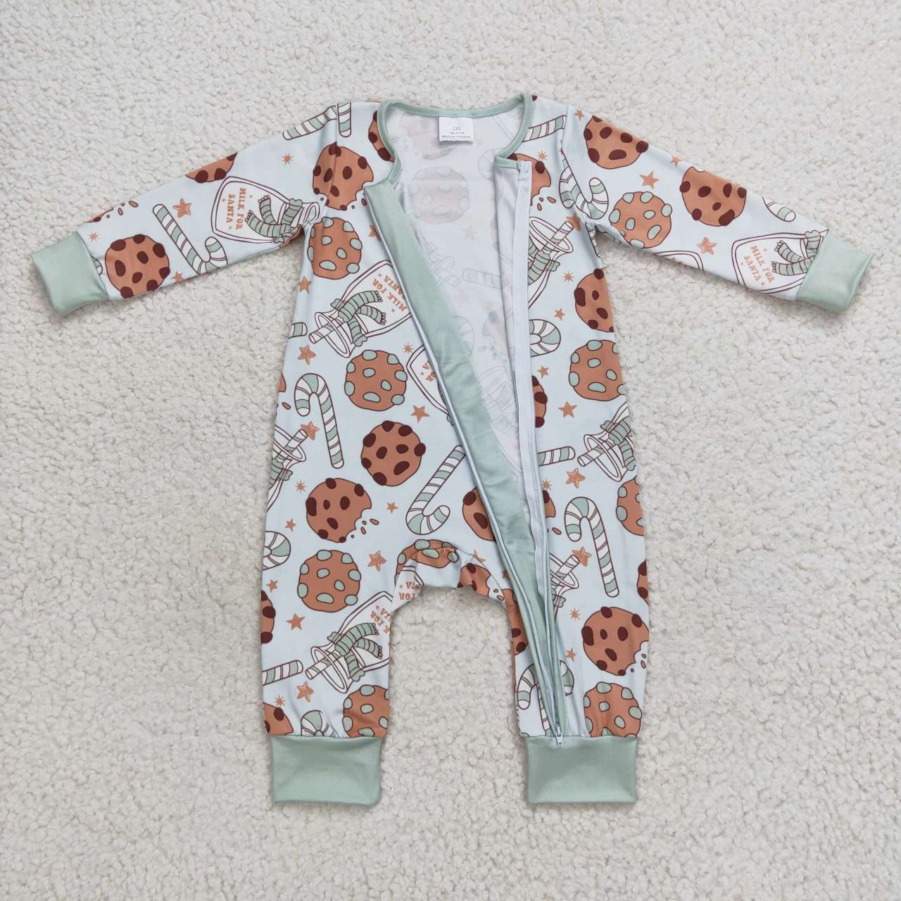 LR0631 Christmas Green Cookies Milk Girls Long Sleeve Romper