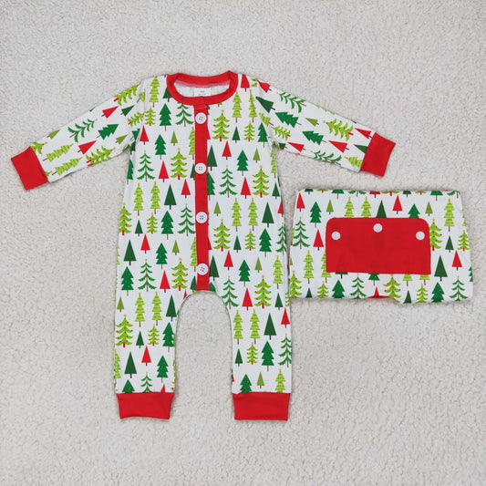 LR0627 Christmas Red Green Tree Zipper Boys Long Sleeve Romper