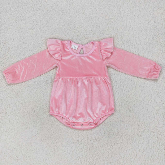 LR0686 Pink Ruffles Velvet Dance Girls Long Sleeve Romper
