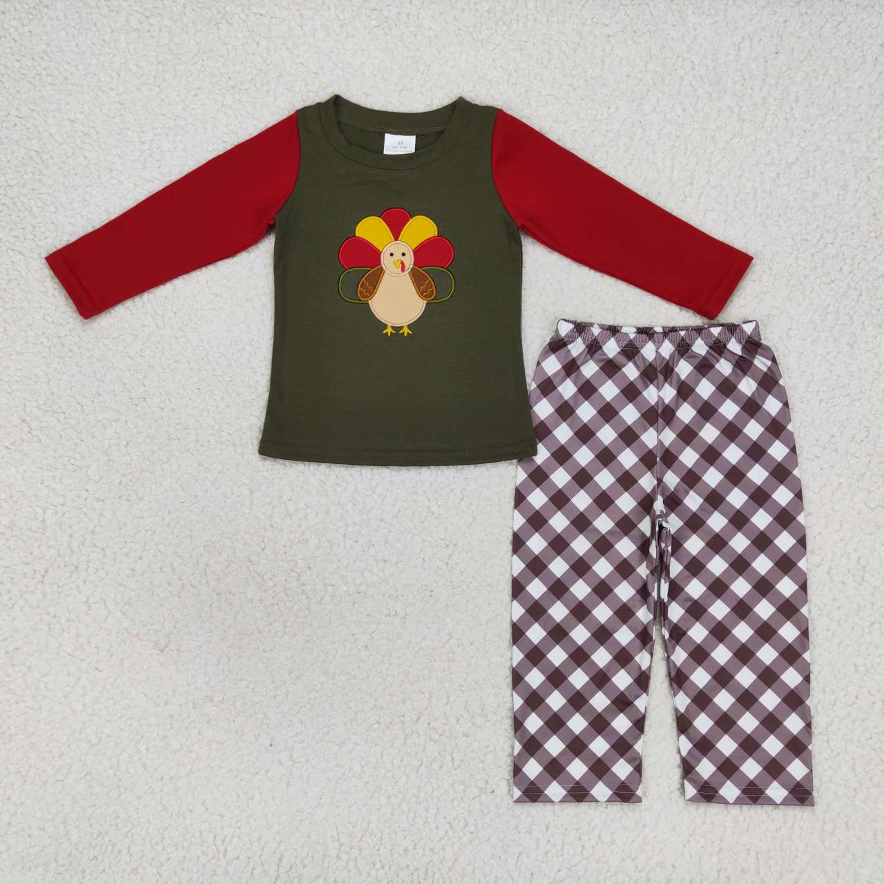 BLP0339 Thanksgiving Turkey Red Green Embroidery Boys Long Sleeve Pants Outfits