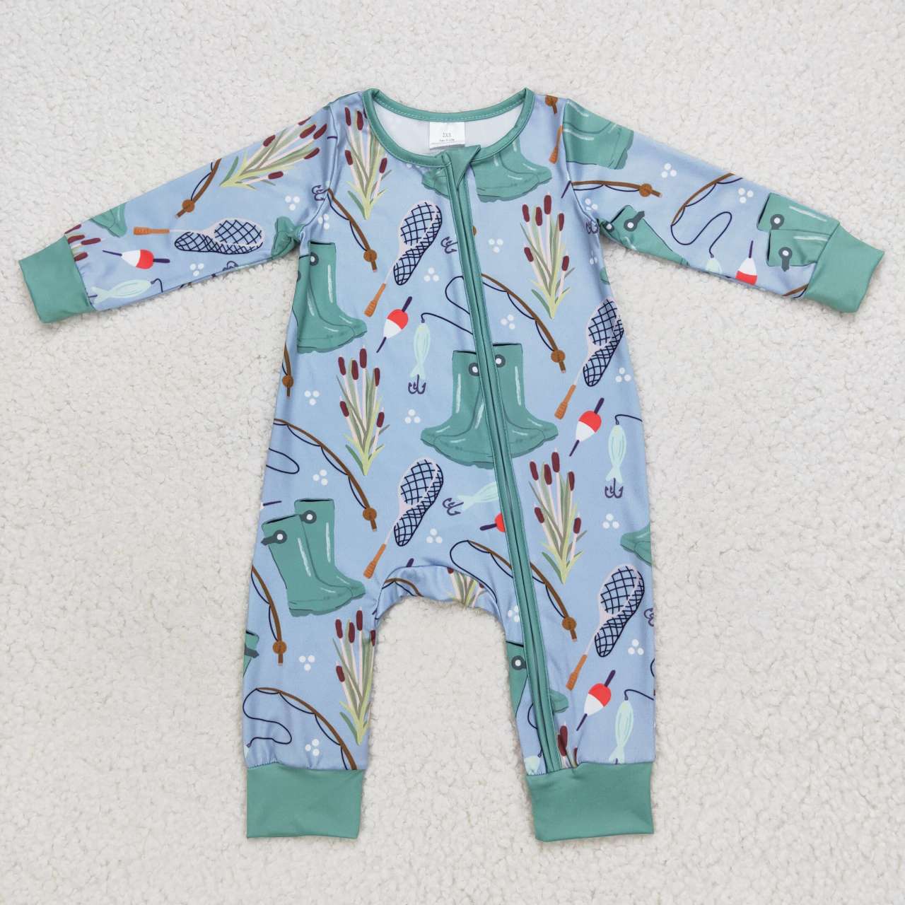LR0664 Blue Fish Zipper Boys Long Sleeve Romper RTS Free Shipping Over 2KG