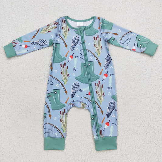 LR0664  Blue Fish  Zipper Boys Long Sleeve Romper RTS Free Shipping Over $100