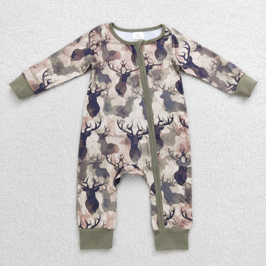 LR0662 Green Camo Deer Zipper Boys Long Sleeve Romper
