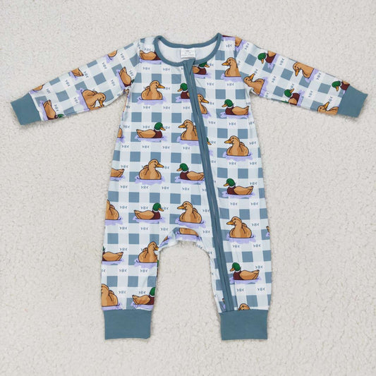 LR0657 Blue Duck Bird Zipper Boys Long Sleeve Romper