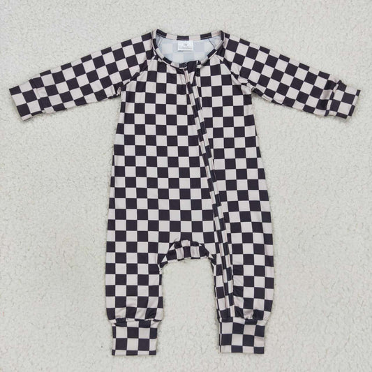 LR0655 Black Plaid Zipper Girls Long Sleeve Romper