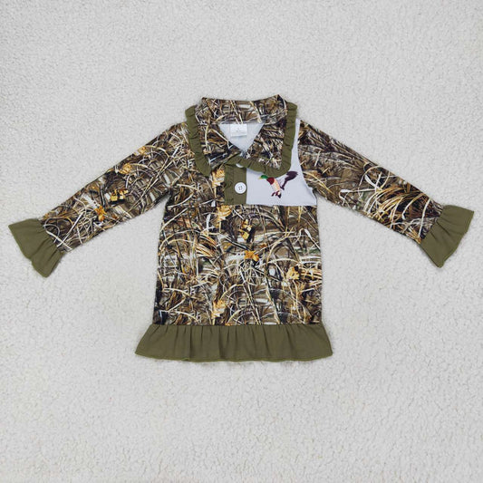GT0312 Brown Camo Duck Girls Long Sleeve Top Collar Polo Pullover T-Shirts