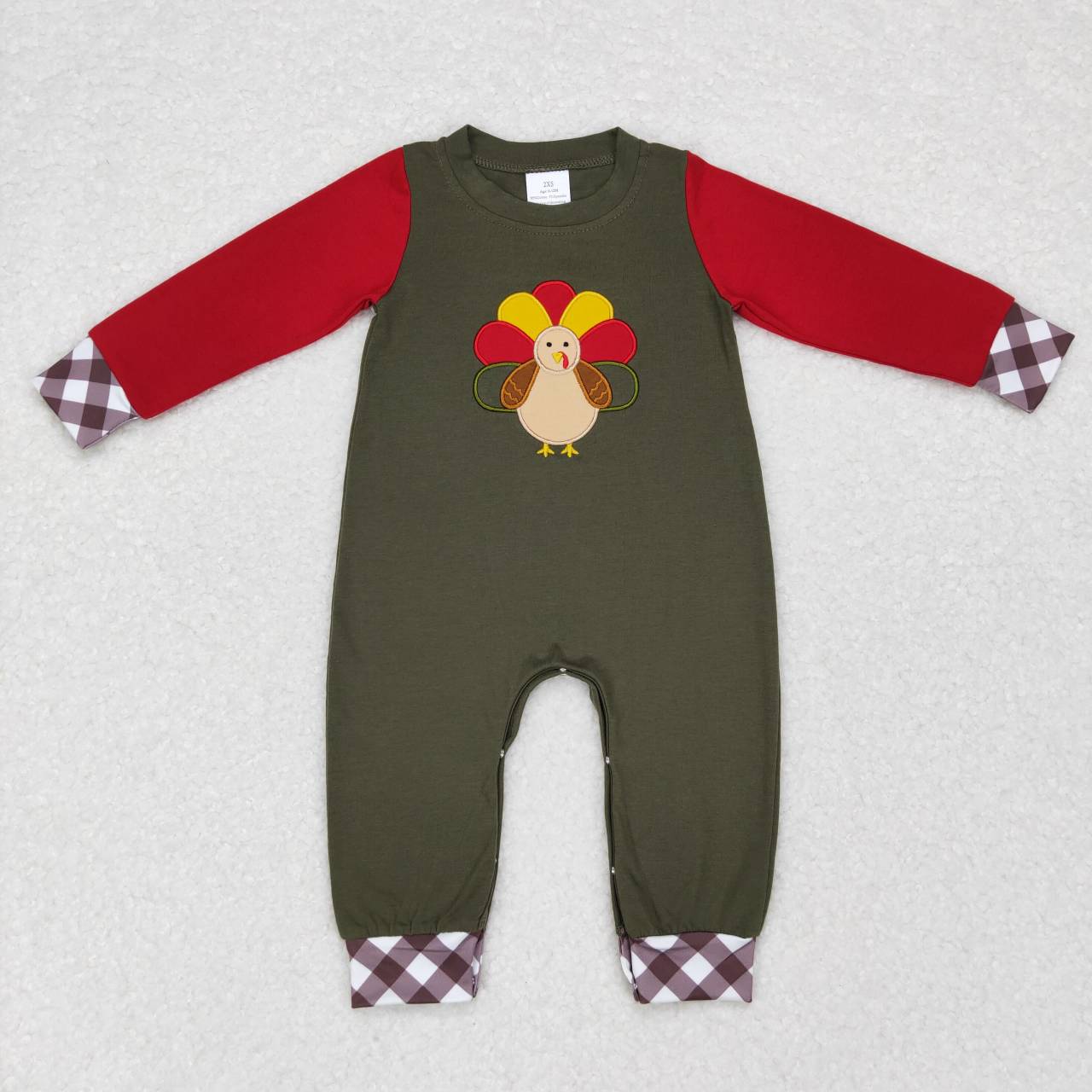 LR0670 Thanksgiving Turkey Red Green Embroidery Boys Long Sleeve Romper
