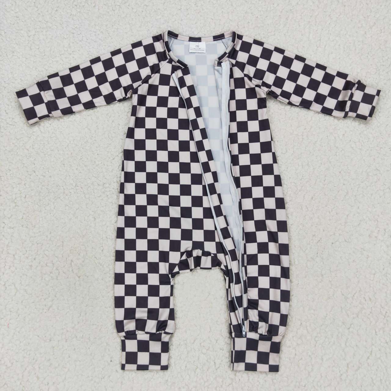 LR0655 Black Plaid Zipper Girls Long Sleeve Romper