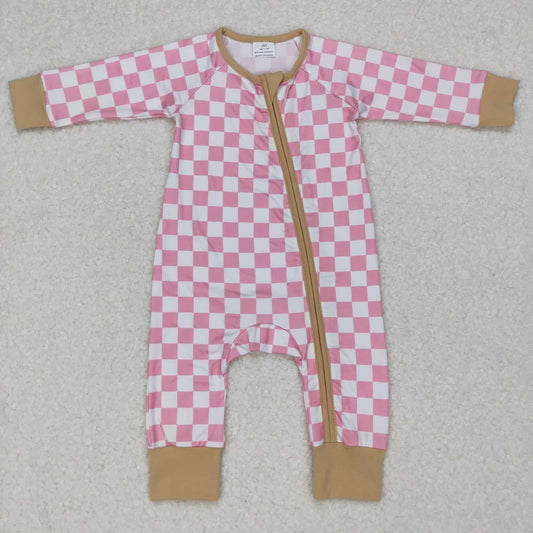 LR0731 Pink Plaid Zipper Girls Long Sleeve Romper
