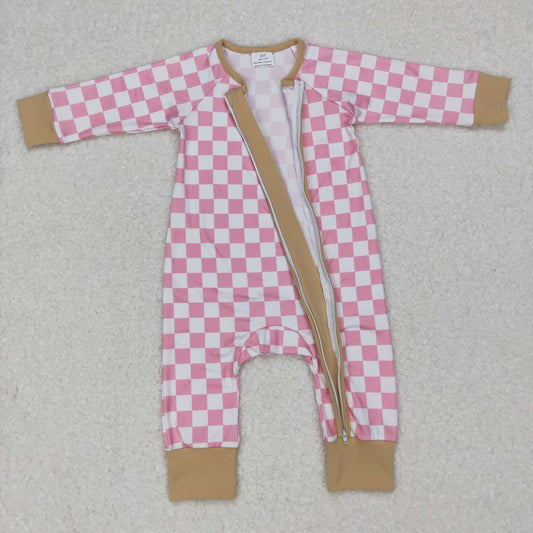LR0731 Pink Plaid Zipper Girls Long Sleeve Romper