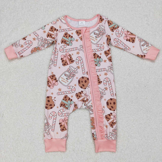 LR0630 Christmas Pink Milk Cookies Zipper Girls Long Sleeve Romper