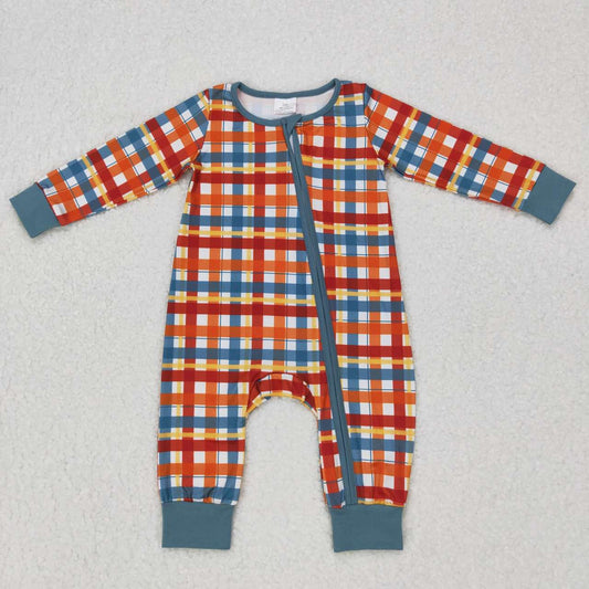 LR0622 Red Green Plaid Zipper Boys Long Sleeve Romper