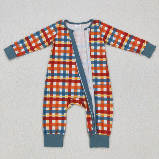 LR0622 Red Green Plaid Zipper Boys Long Sleeve Romper