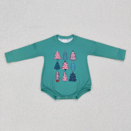 LR0701 Christmas Tree Blue Girls Long Sleeve Romper