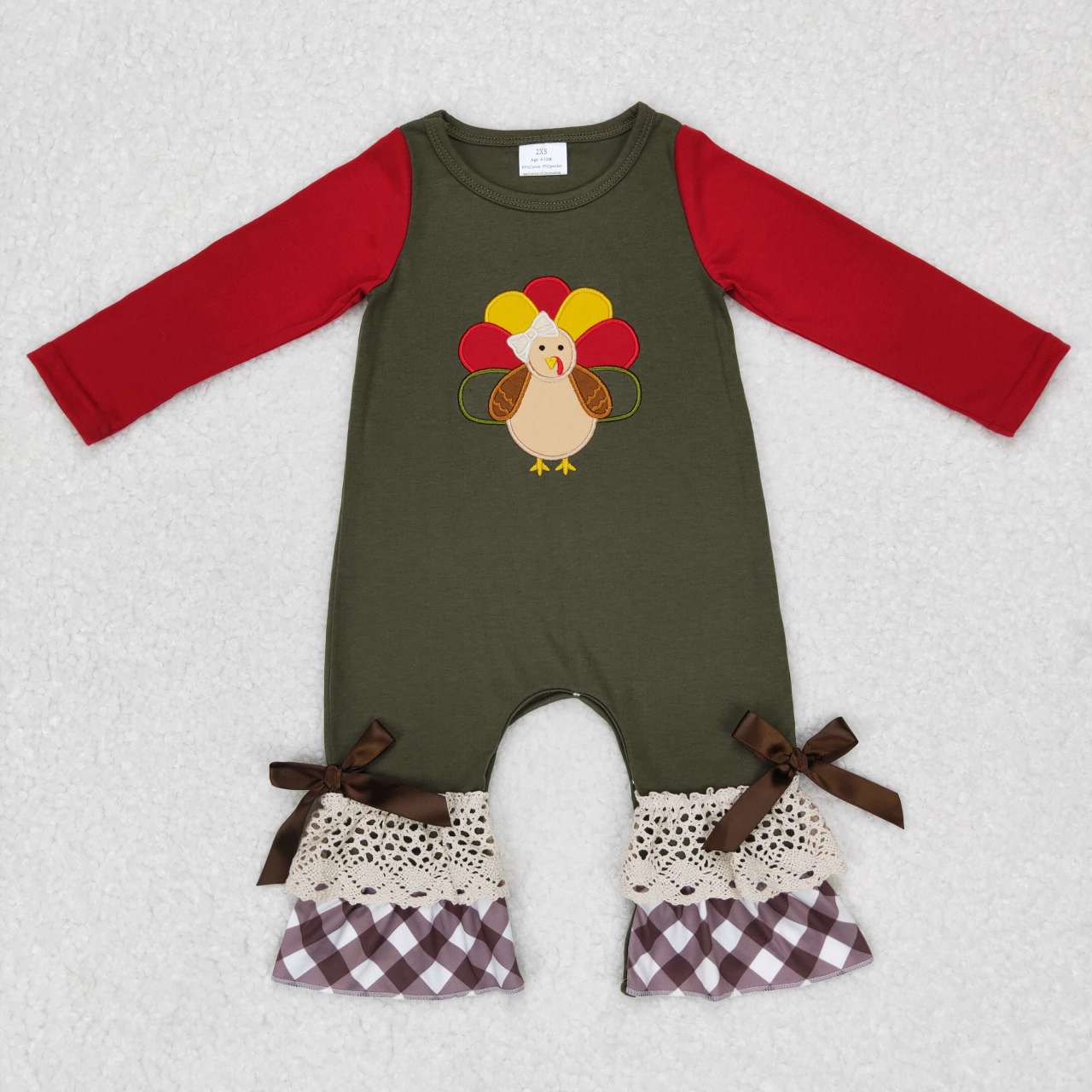 LR0666 Thanksgiving Turkey Red Green Embroidery Boys Long Sleeve Romper