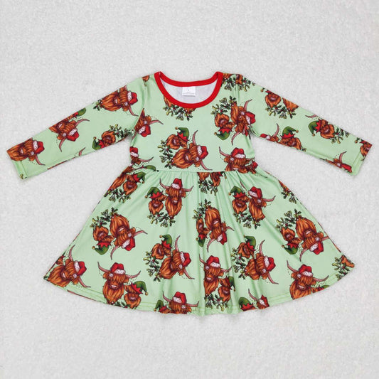 GLD0387 Christmas Red Highland Cow Cartoon Girls Long Sleeve Dresses