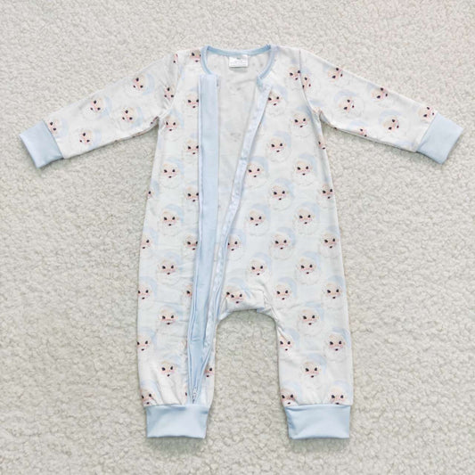 LR0585 Christmas Blue Santa Zipper Girls Long Sleeve Romper
