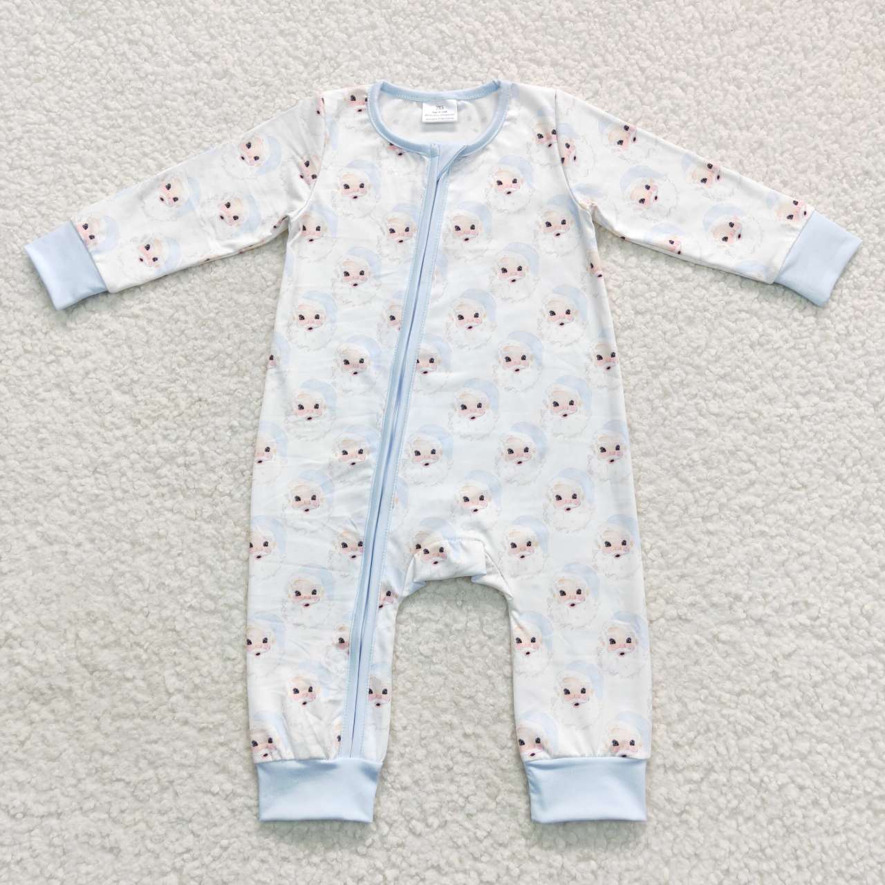 LR0585 Christmas Blue Santa Zipper Girls Long Sleeve Romper