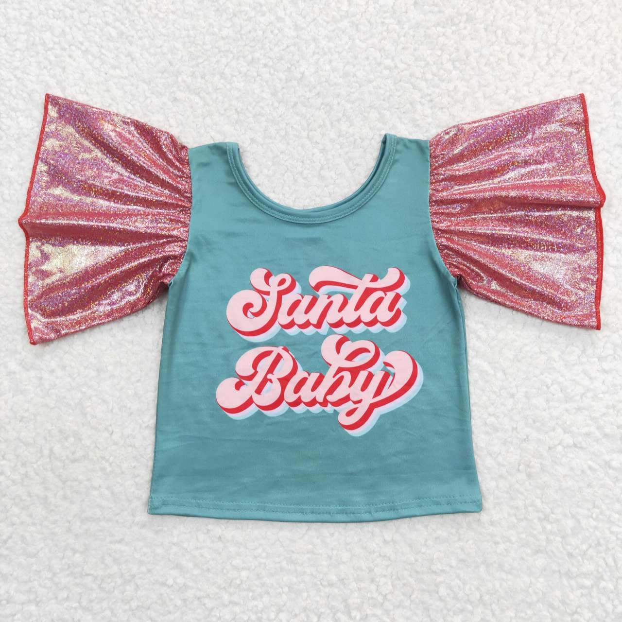 GT0286 Green Pink Santa Baby Christmas Girls Short Sleeve Top T-shirts