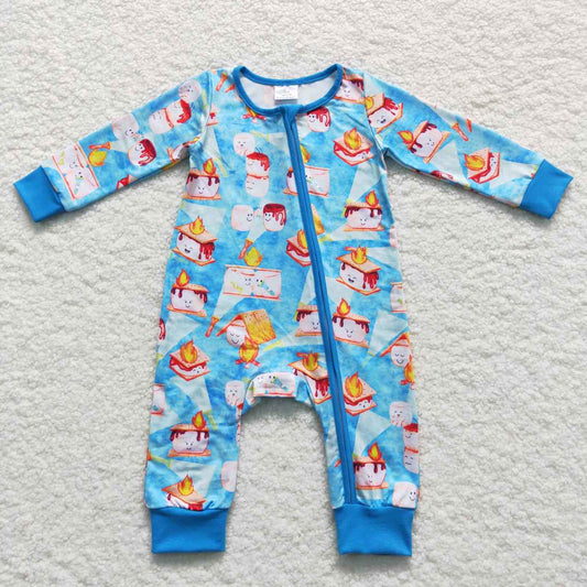 LR0617 Blue Fire Cake Zipper Girls Long Sleeve Romper