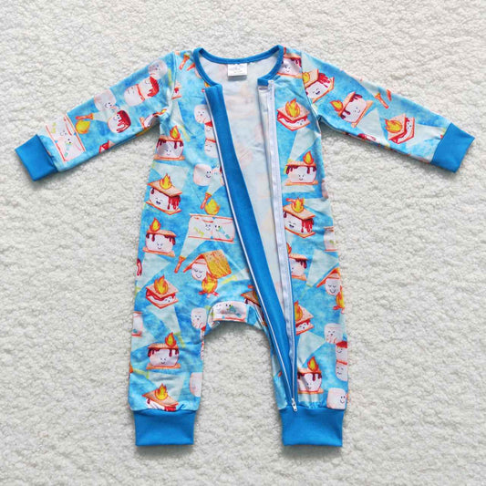 LR0617 Blue Fire Cake Zipper Girls Long Sleeve Romper