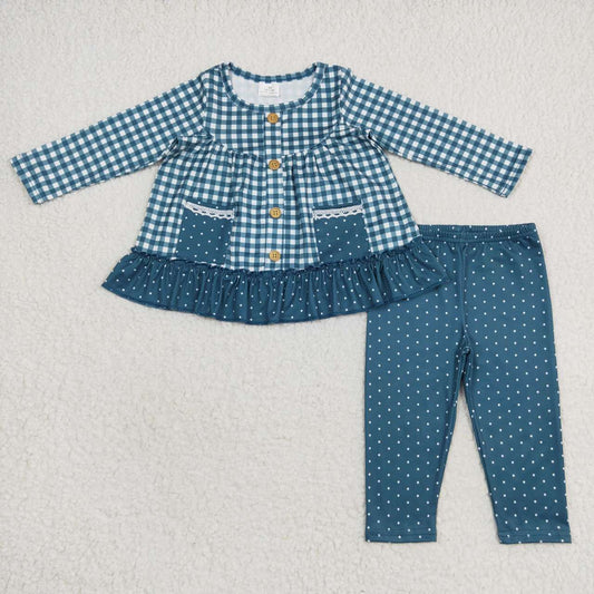 GLP0823 Blue Dots Pockets Girls Long Sleeve Pants Outfits