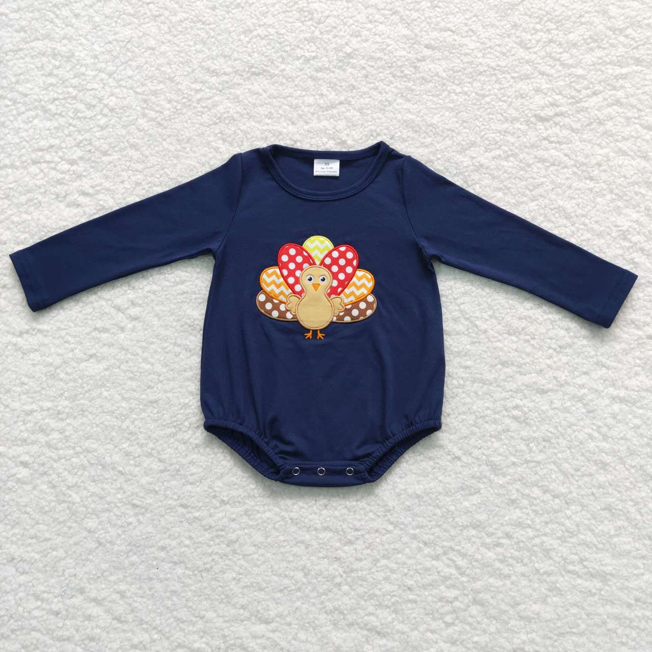 LR0606 Thanksgiving Turkey Blue Embroidery Boys Long Sleeve Romper