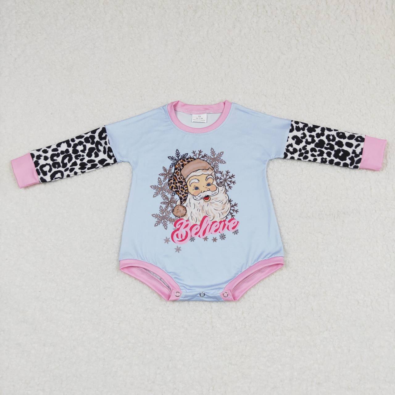 LR0462 Christmas Blue Santa Pink Cartoon Girls Long Sleeve Romper