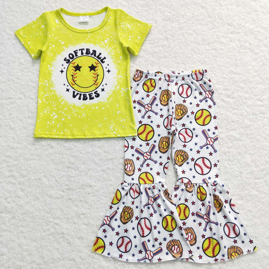 GSPO0936 Yellow Softball Vibes Girls Short Sleeve Bell Bottom Pants Outfits