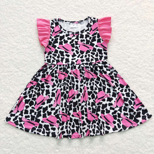 GSD0195 Pink Cowboy hat Cow Print Leopard Girls Short Sleeve Dresses