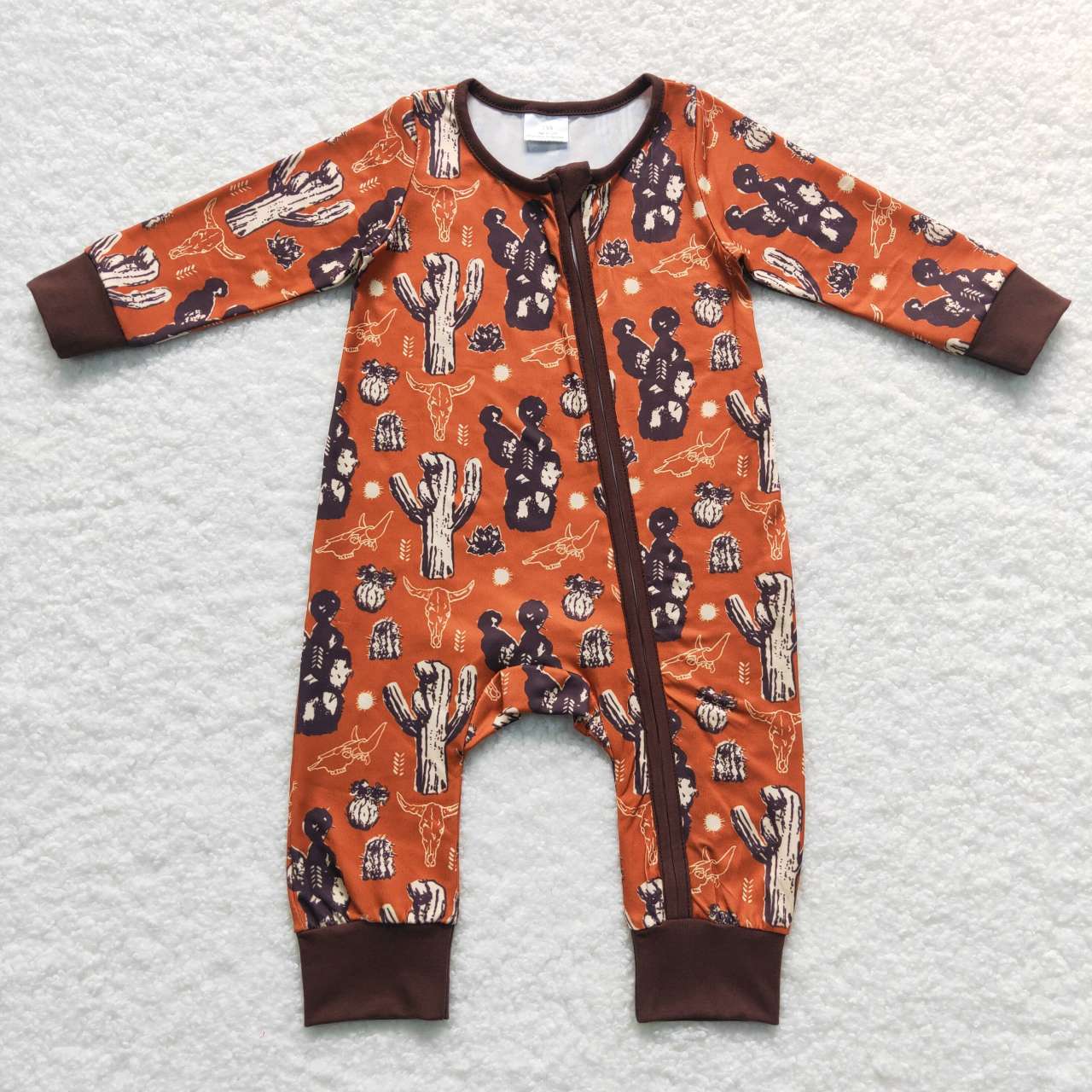 LR0726 Brown Cactus Western Zipper Girls Long Sleeve Romper