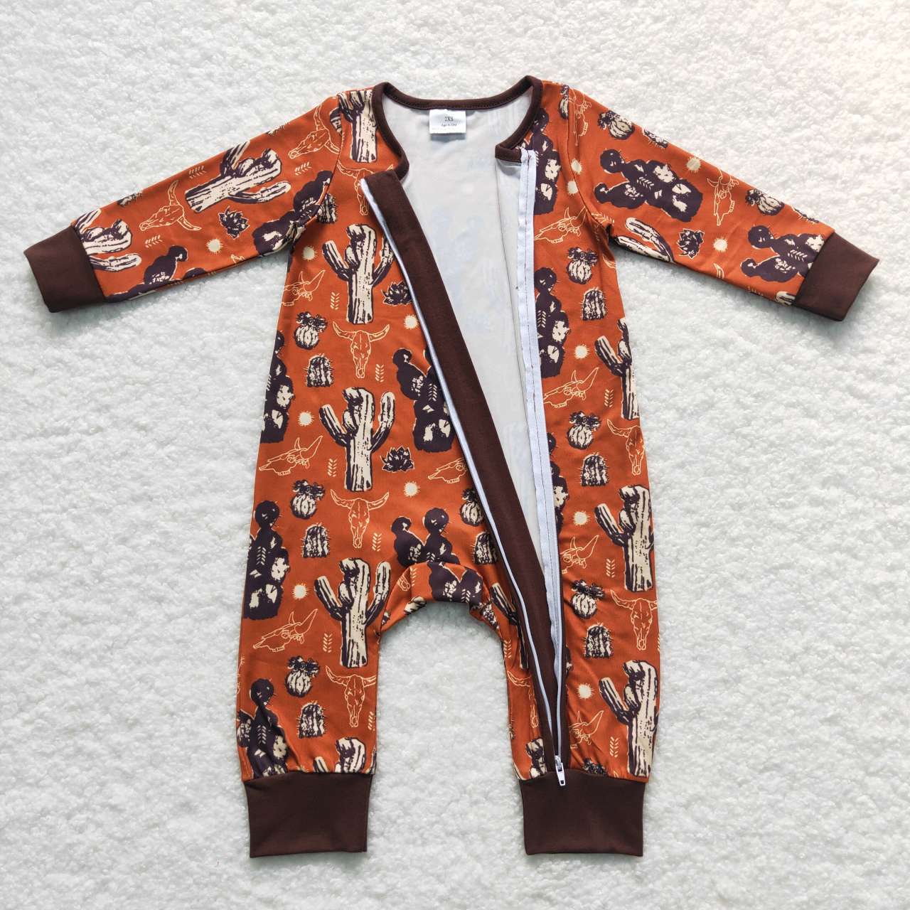 LR0726 Brown Cactus Western Zipper Girls Long Sleeve Romper