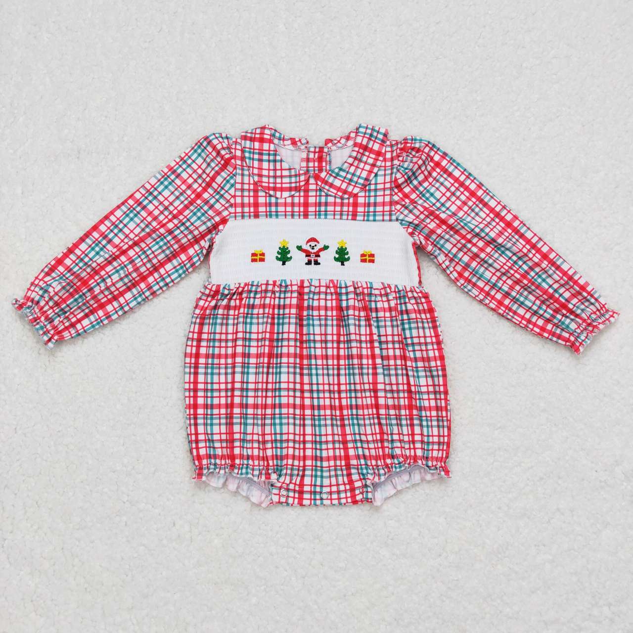 LR0571 Christmas Red Santa Embroidery Girls Long Sleeve Romper
