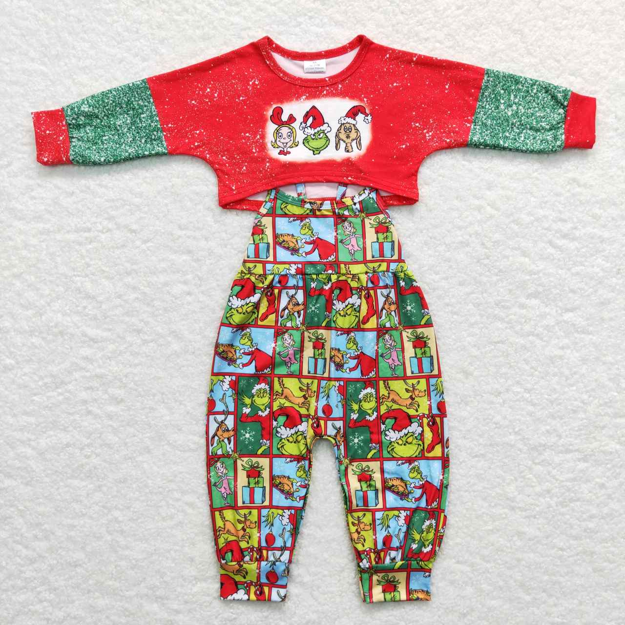 GLP0814 Christmas Green Red Cartoon Jumpsuit Overall Girls Long Sleeve Bell Bottom Pants Outfits