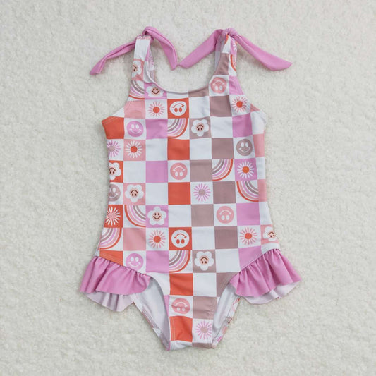 S0150  Pink Plaid Girls Swimming Bathing Suits Swimsuits
