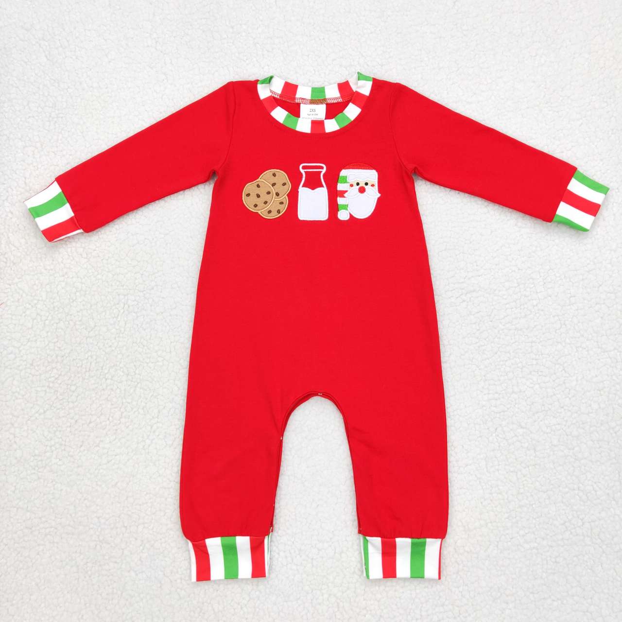 LR0629 Christmas Red Green Cookies Milk Santa Embroidery Girls Long Sleeve Romper