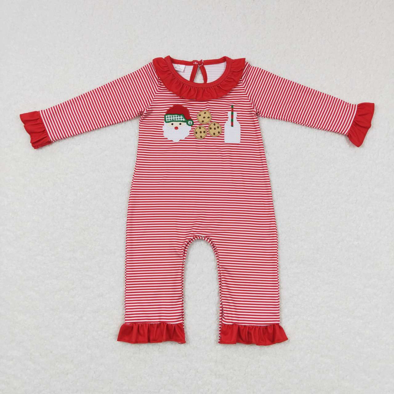LR0708 Christmas Red Santa Milk Cookies Embroidery Girls Long Sleeve Romper RTS Free Shipping Over 2KG