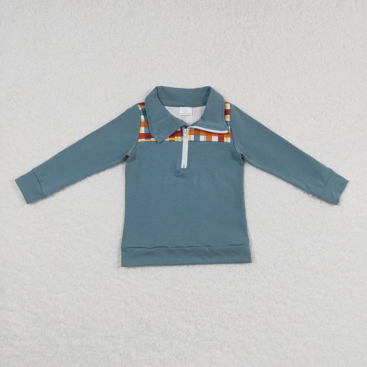BT0313 Blue Plaid Boys Long Sleeve Top Collar Polo Pullover T-Shirts