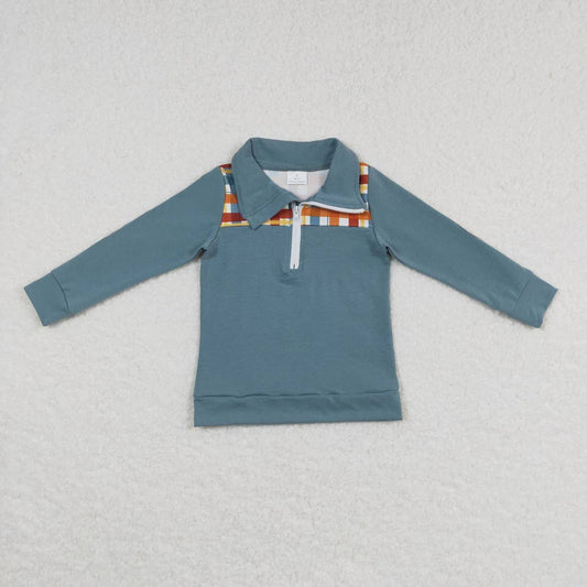 BT0313 Blue Plaid Boys Long Sleeve Top Collar Polo Pullover T-Shirts