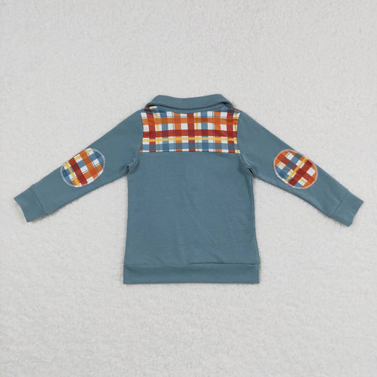 BT0313 Blue Plaid Boys Long Sleeve Top Collar Polo Pullover T-Shirts