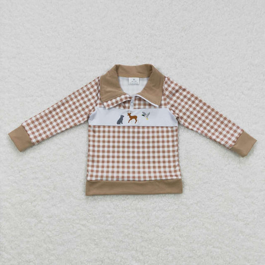 BT0345 Brown Dog Deer Duck Embroidery Bous Long Sleeve Top Collar Polo Pullover T-Shirts