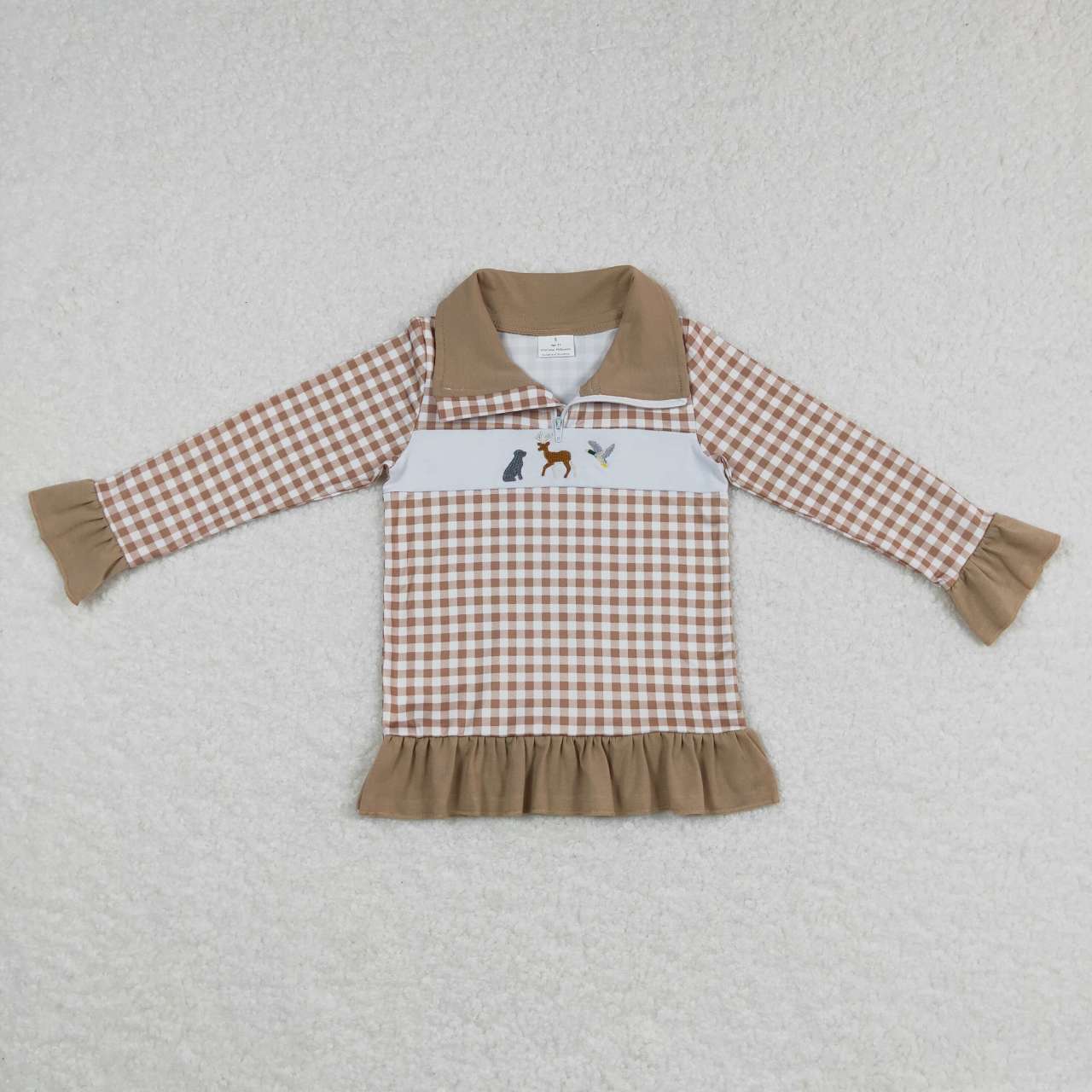 GT0320 Brown Dog Deer Duck Embroidery Girls Long Sleeve Top Collar Polo Pullover T-Shirts