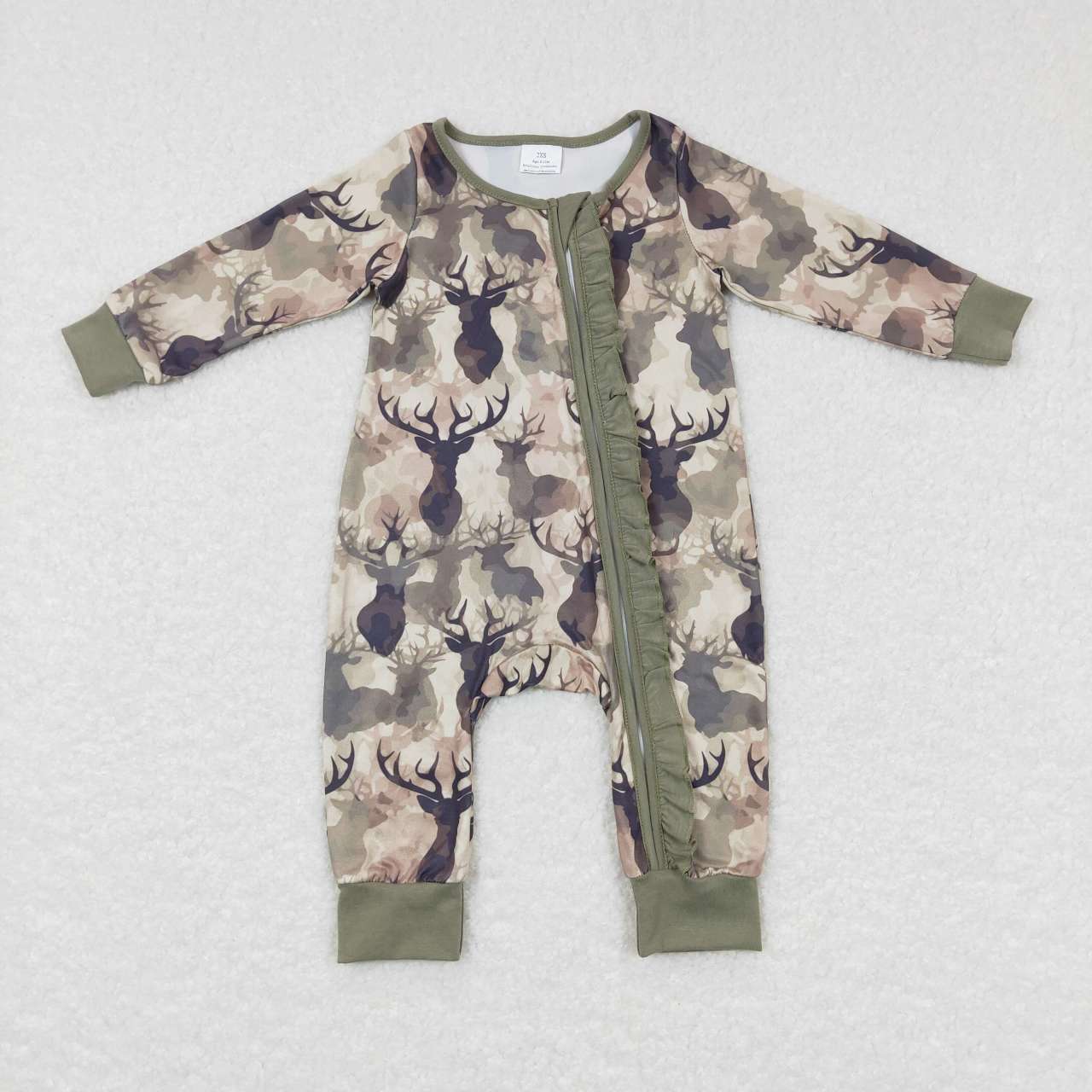 LR0661 Christmas Green Deer Print Zipper Girls Long Sleeve Romper
