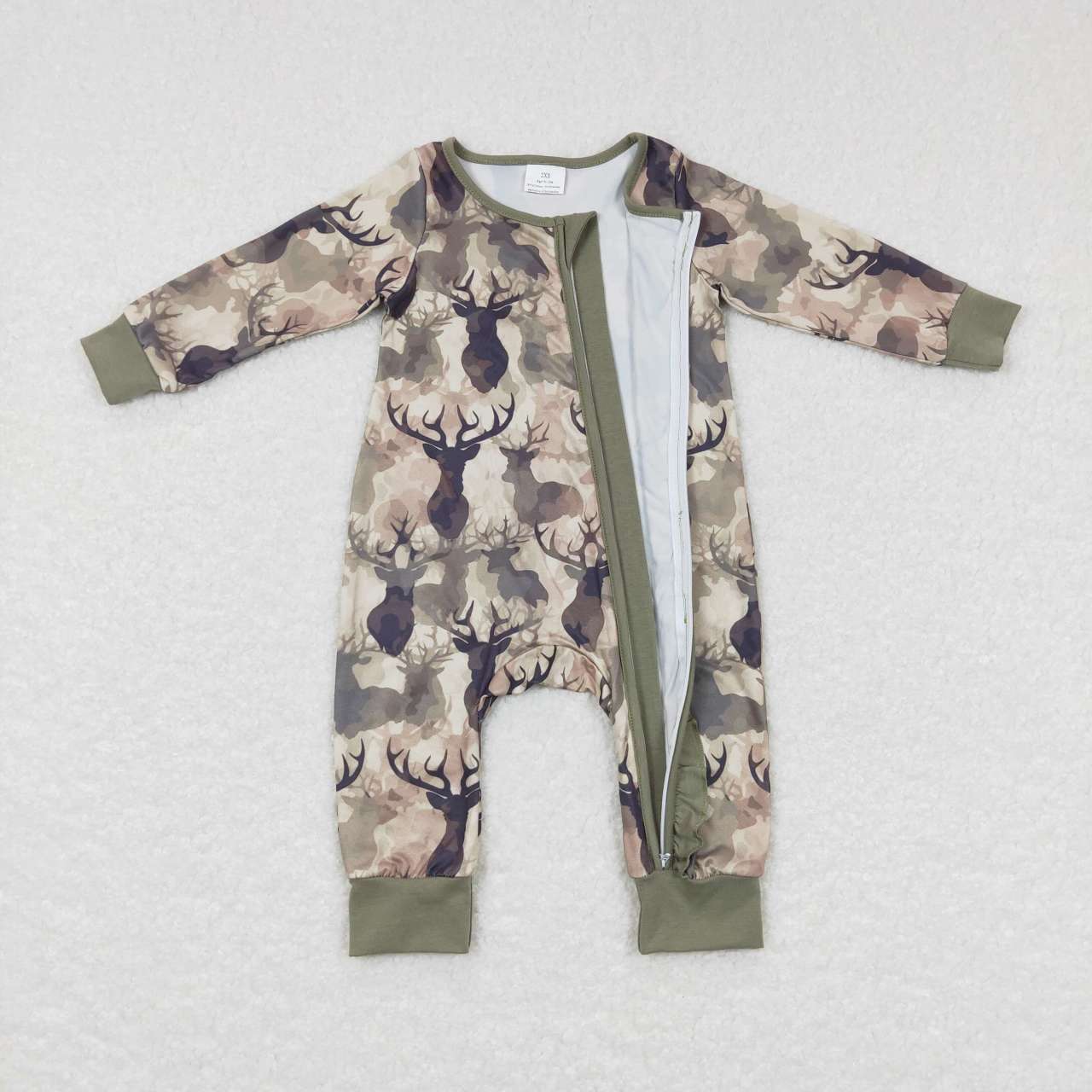 LR0661 Christmas Green Deer Print Zipper Girls Long Sleeve Romper