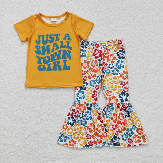 GSPO0926 Just A small Town Yellow Floral Girls Short Sleeve Bell Bottom Pants Outfits