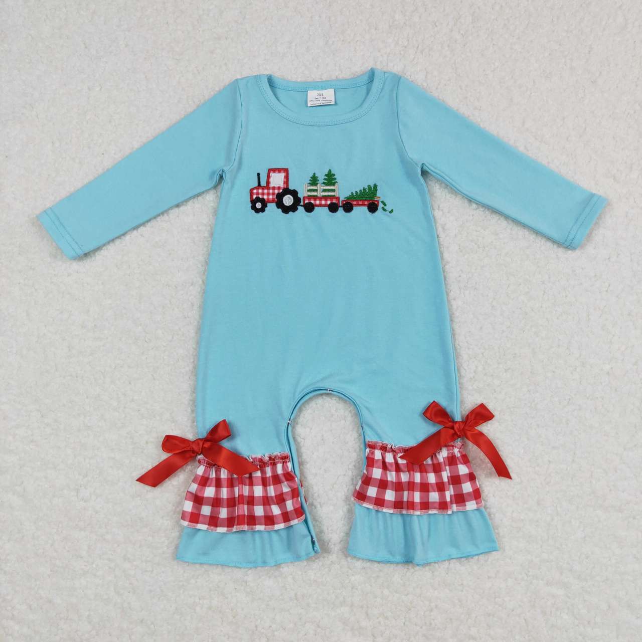 LR0499 Christmas Blue Tree Truck Embroidery Girls Long Sleeve Romper